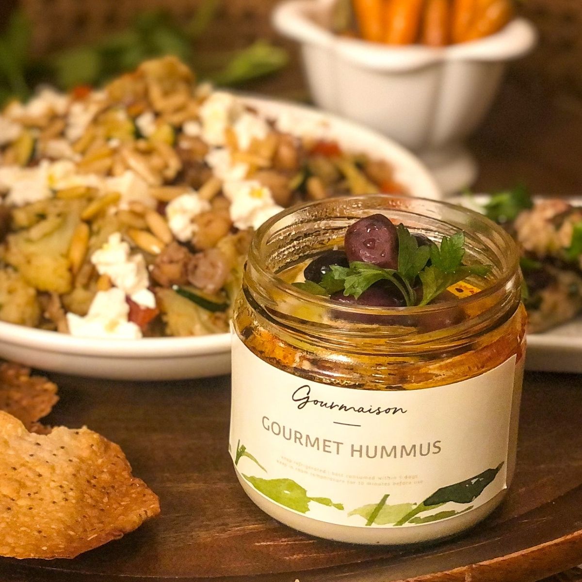 An image of our luxuriously smooth and fresh Hummus.. This hummus is developed from an authentic mother's recipe dating back decades.